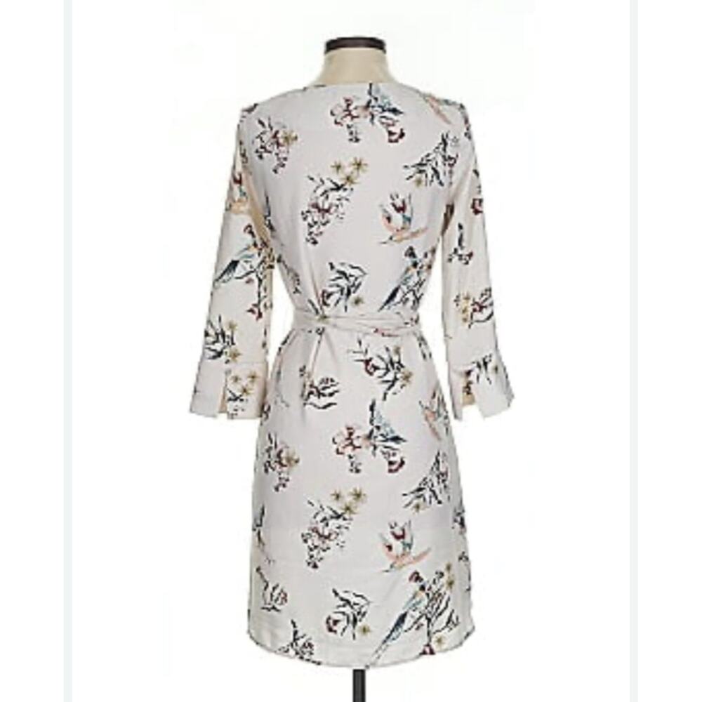 H&M Floral Bird‎ Print Dress White Cream Long Sleeve Midi Cocktail Party Size